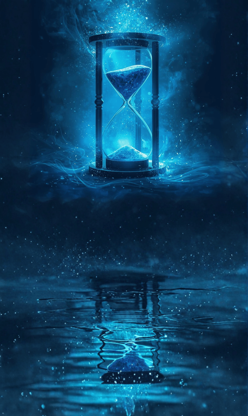 Sanduhr vor Mystischem blauen Hintergrund mit einer Reflektion im Wasser